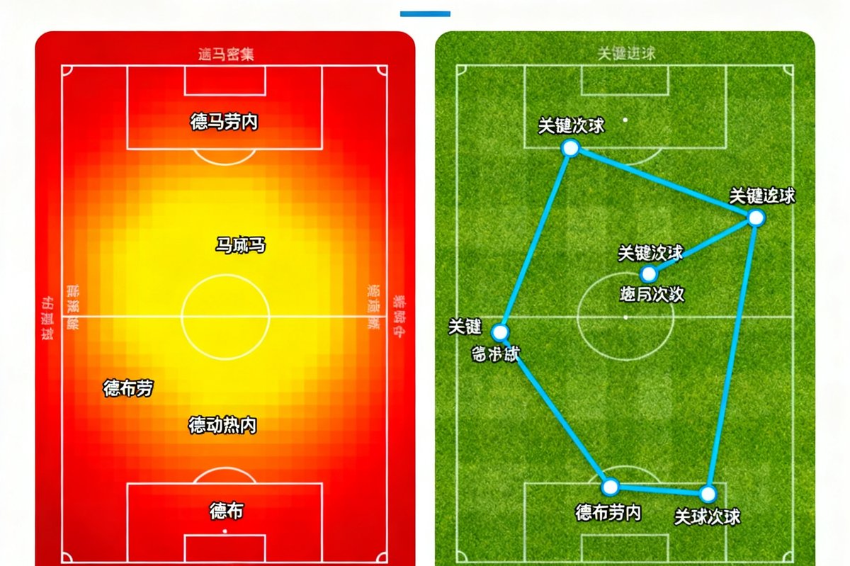 看球网深度分析模块展示德布劳内跑动热图与传球路线图